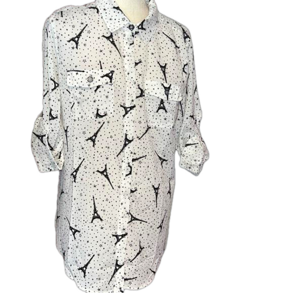 KARL LAGERFELD PARIS Womens White Black Eiffel Tower Button Up Blouse Shirt Sz M